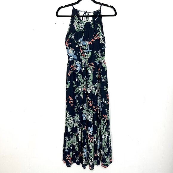 Maison Jules Maxi Dress Navy Floral Halter Neck Ruffle Hem 0 XS - Picture 1 of 3